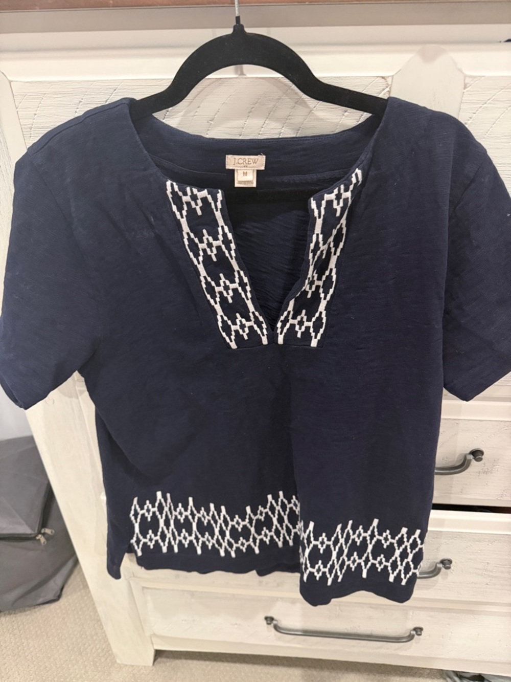 J. Crew Navy Short-Sleeve Tee with White Geometric Embroidery